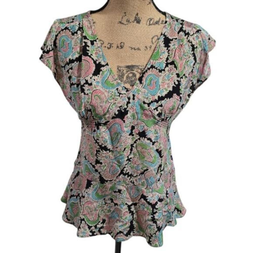Anthropologie Mermaid Tag 100%‎ Silk Paisley V-Neck Flutter Sleeve Blouse Size 2